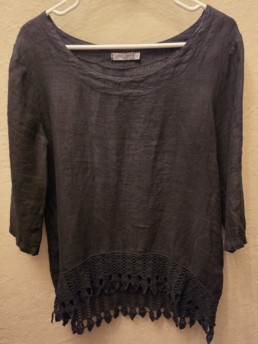 Lungo L’Arno Made in Italy 100% Linen Black Crochet Lace Tunic Top M